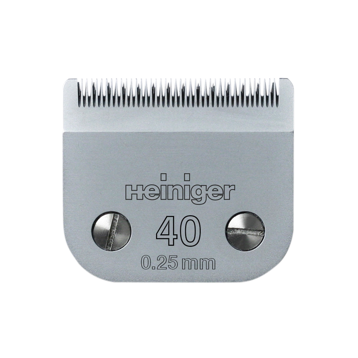 Lâmina de cortador de cabelo metálica prateada com texto HEINIGER 40 0.25 mm