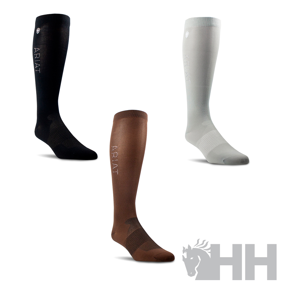 Três meias longas ARIAT em preto, castanho e cinza claro com logotipos e fundo branco