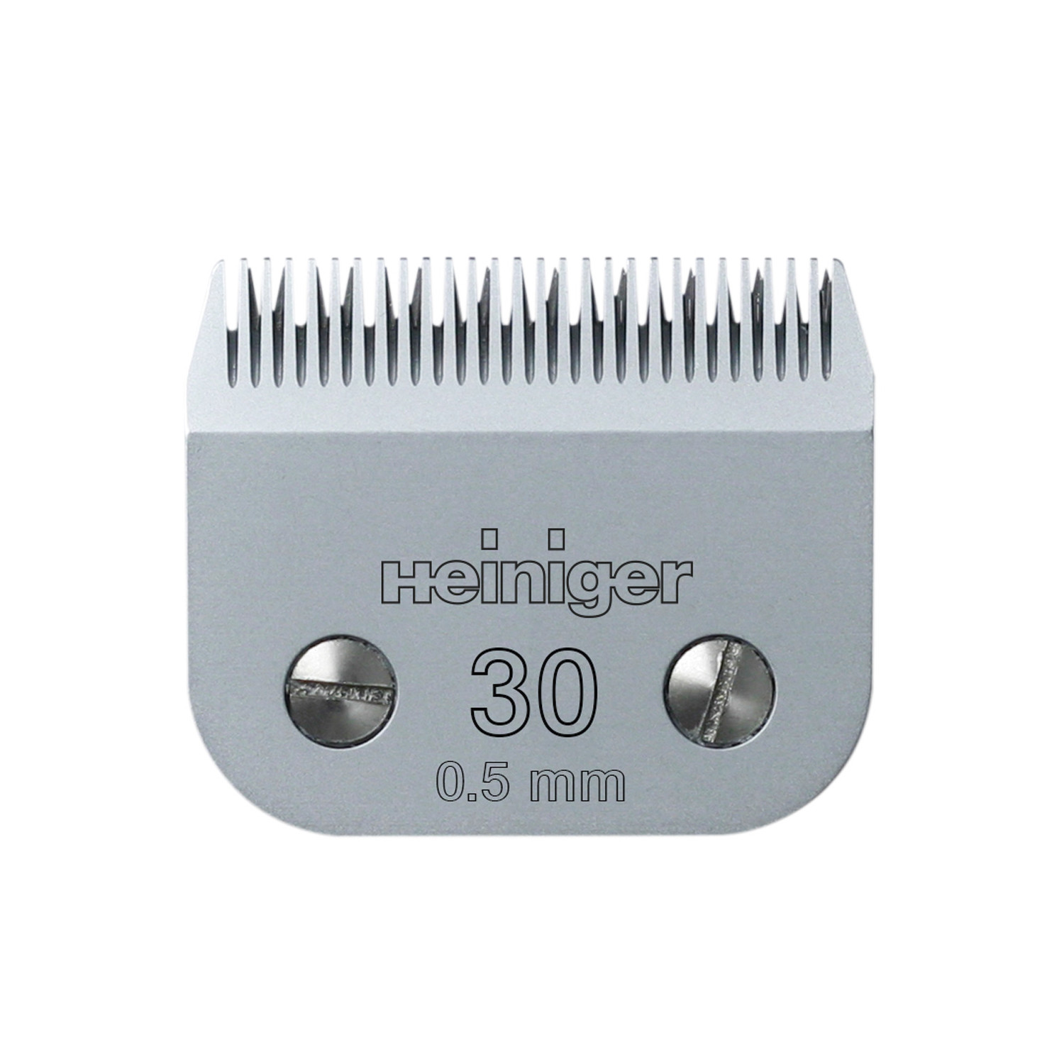Peça metálica de máquina de cortar cabelo com texto Heininger 30 0.5 mm e dois parafusos