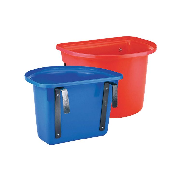 Duas caixas plásticas, uma azul e outra vermelha, com alças metálicas pretas.