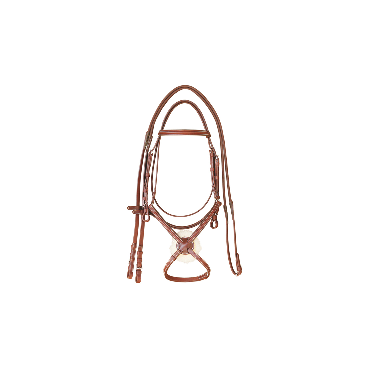 Cabeçada de couro castanho com almofada de pele clara