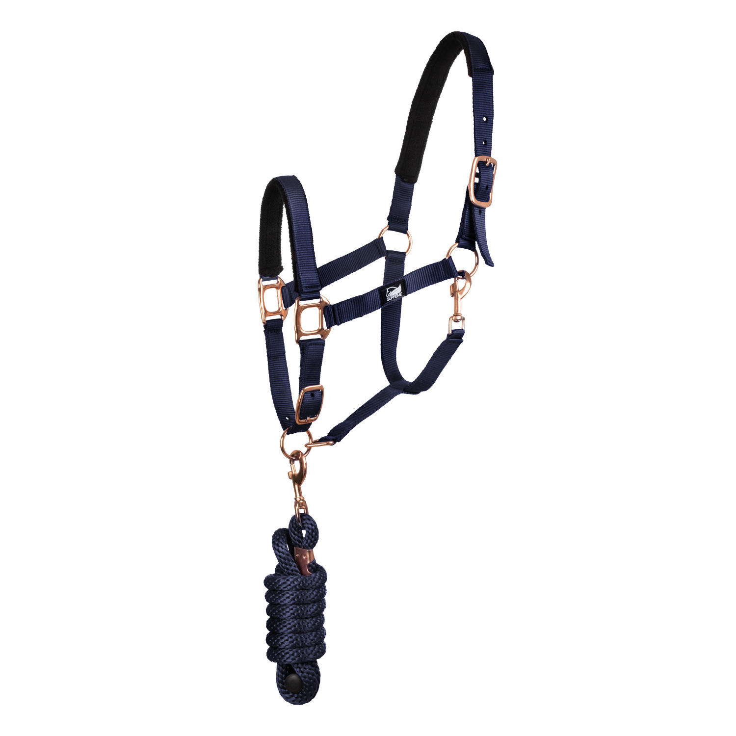 Cabresto azul escuro com fivelas metal rosé e corda azul escura