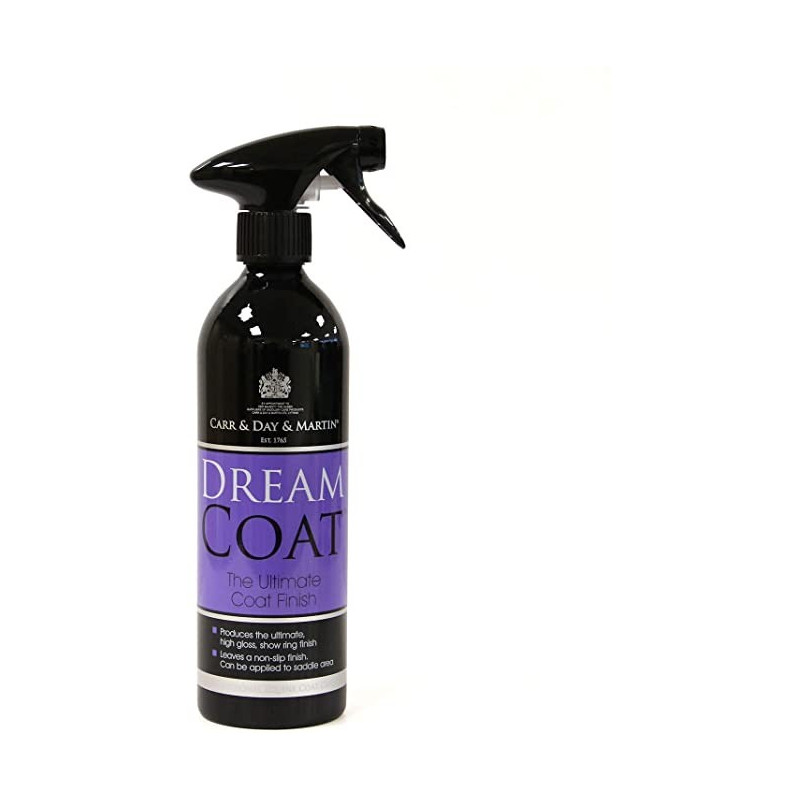 Frasco pulverizador preto com rótulo roxo e preto do produto DREAM COAT