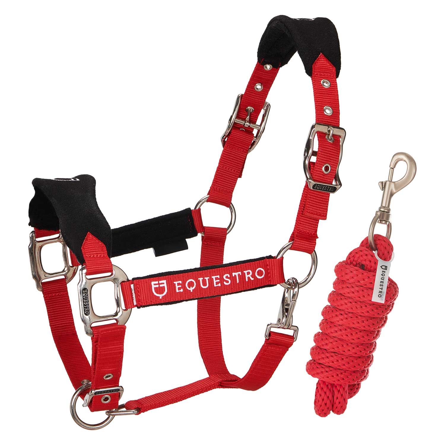 Cabresto e corda vermelhos para cavalo com detalhes pretos e marca EQUESTRO