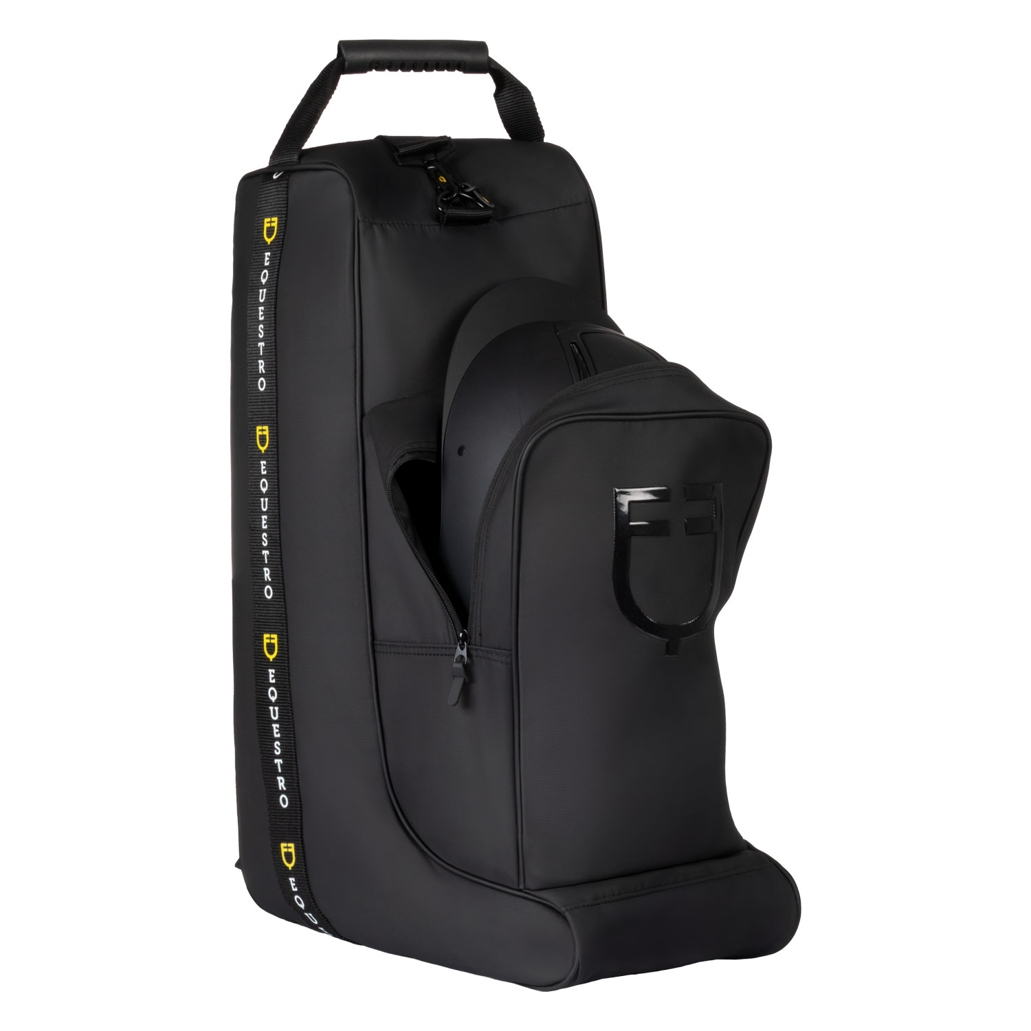 Mala de capacete preta com zíper aberto mostrando capacete preto e texto EQUESTRO na fita lateral