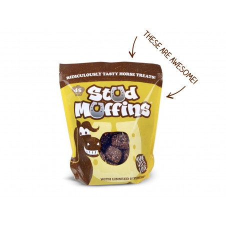 Pacote de petiscos Stud Muffins para cavalos com desenhos e texto em amarelo e castanho