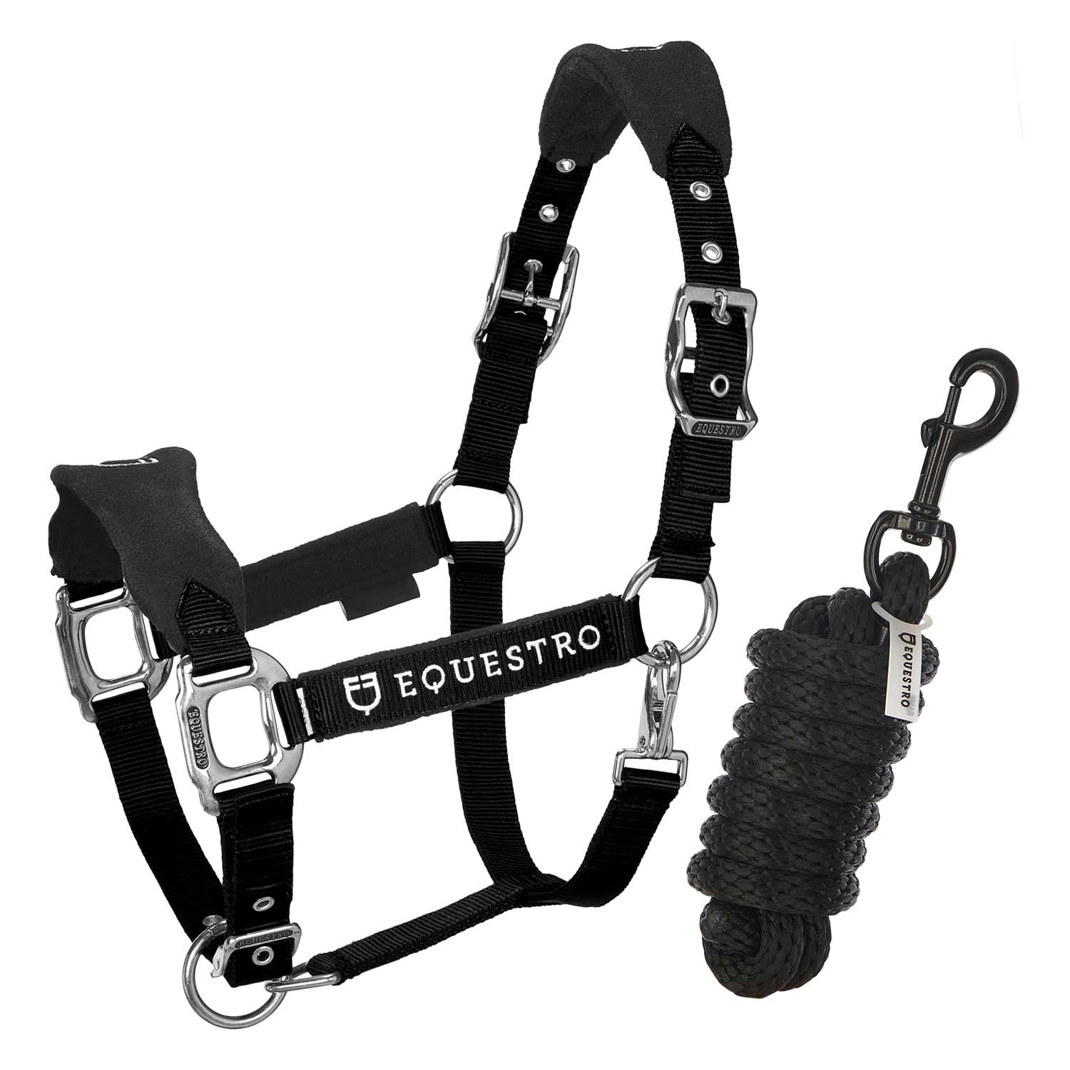 Conjunto de cabresto e guia para cavalo preto com logo EQUESTRO.
