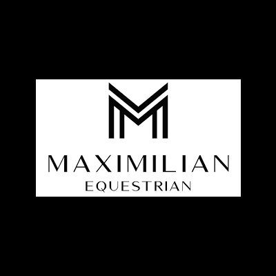 Logótipo preto e branco com monograma e texto MAXIMILIAN EQUESTRIAN