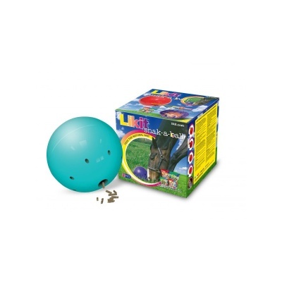Bola azul Likit shak-a-ball com pellets e embalagem colorida com imagem de cavalo