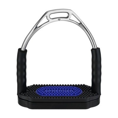 Estribo de equitação metálico com base preta e azul antiderrapante e punhos pretos