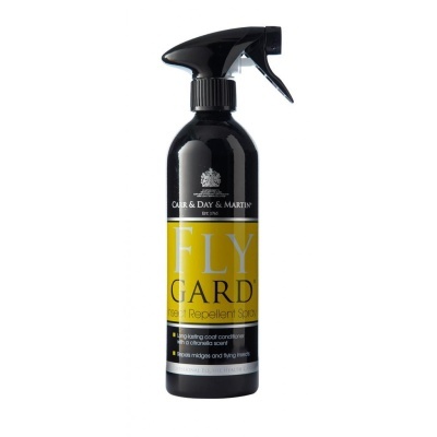 frasco spray repelente insetos preto com rótulo amarelo Fly Gard