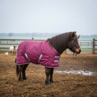 Cavalo com manta rosa forte em ambiente rural