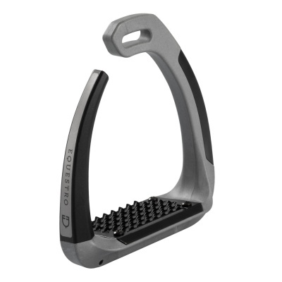Estribo equestre cinza com apoio preto antiderrapante e inscrição EQUESTRO