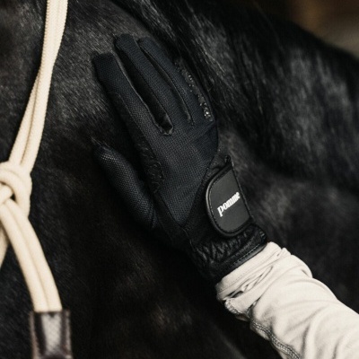 Mão com luva preta em cavalo preto com fecho de velcro e palavra pommes