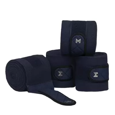 Conjunto de quatro bandagens elásticas azul-escuro com velcro e etiquetas prateadas.