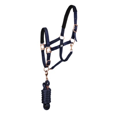 Cabresto azul escuro com fivelas metal rosé e corda azul escura