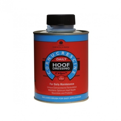 Lata de Hoof Dressing para cascos com rótulo vermelho e azul