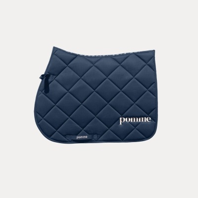 Sapata de sela azul escuro acolchoada para cavalo com texto pomme