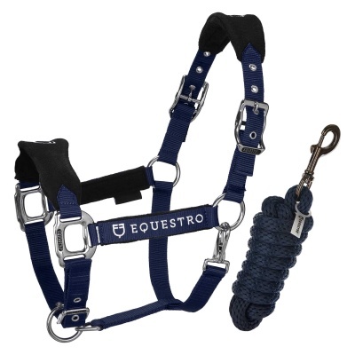 Cabresto e guia EQUESTRO azul escuro com ferragens metálicas em fundo branco