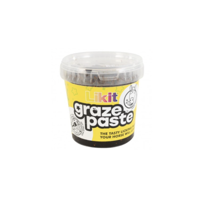 Pote de pasta para cavalos Likit graze paste com rótulo amarelo e transparente.