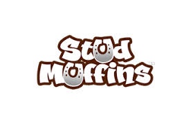 Logótipo Stood Muffins em letras brancas e castanhas com padrão de gotas de chocolate