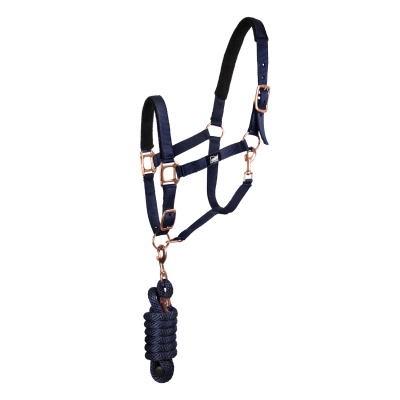 Cabresto azul escuro com fivelas metal rosé e corda azul escura