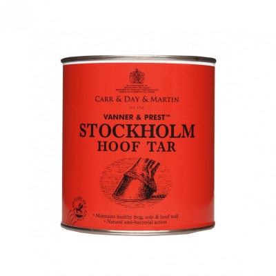 Lata vermelha de bálsamo para cascos de cavalo com texto e desenho de casco