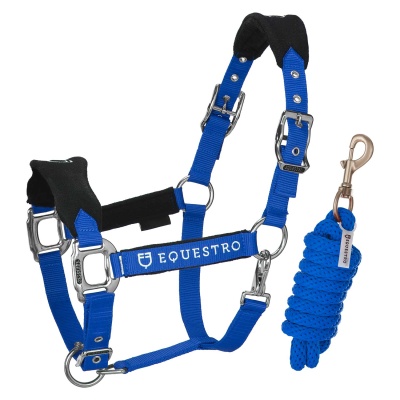 Cabresto e rédea de cavalo azul e preto com marca EQUESTRO