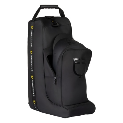 Mala de capacete preta com zíper aberto mostrando capacete preto e texto EQUESTRO na fita lateral