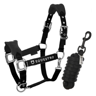 Conjunto de cabresto e guia para cavalo preto com logo EQUESTRO.