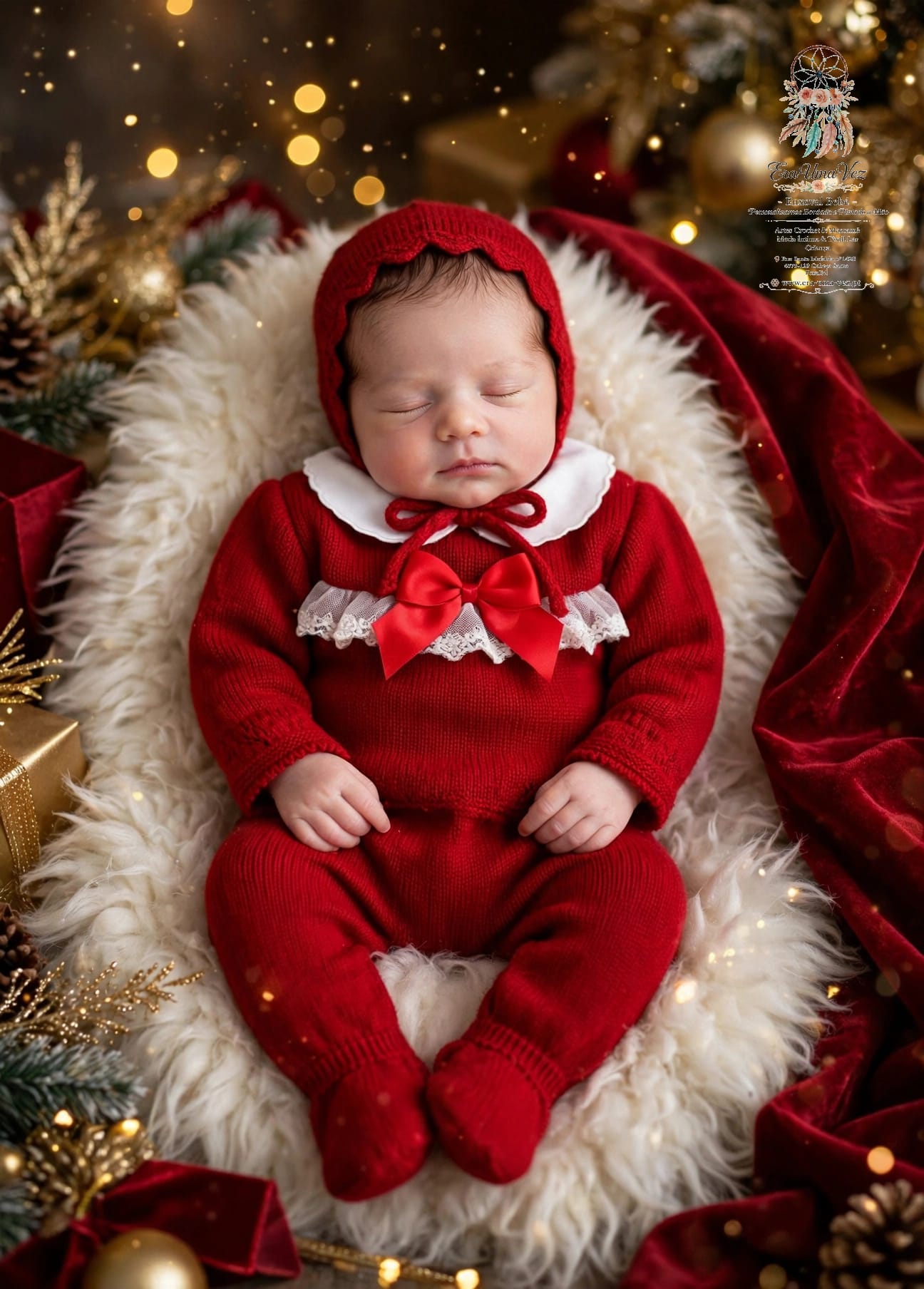 Conjunto de Bebé com Renda e Touca Bebé com roupa vermelha de malha e decoração natalícia dourada