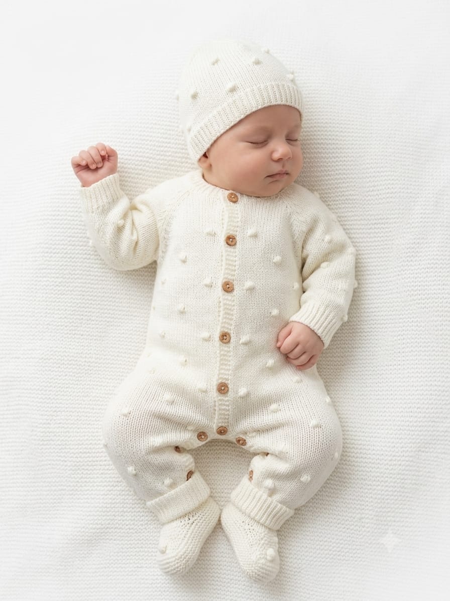 Macacão de Bebé com Gorro e Carapins – Outono/Inverno Bebé vestido com fato e gorro de malha brancos com pompons a dormir sobre manta branca