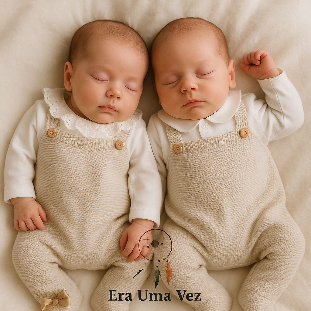 Dois bebés gémeos em roupas bege e branco deitados lado a lado com o texto Era Uma Vez no fundo.