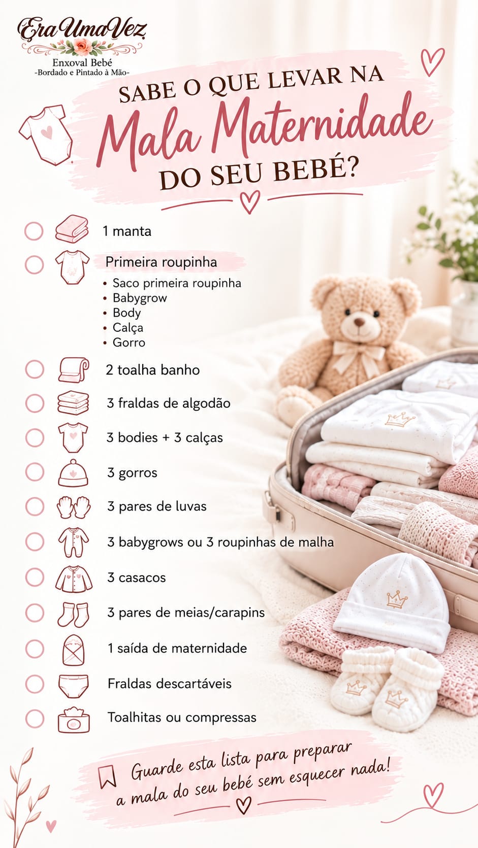 Lista para mala maternidade com mala aberta contendo roupa de bebé branca e rosa e urso de peluche castanho