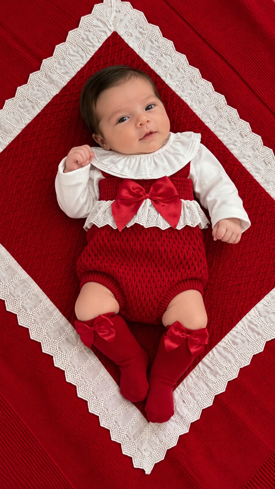Conjunto Saída Maternidade Menina com Renda Bebé vestida com roupa vermelha e branca de tecido tricotado com laços, deitada em pano vermelho com borda branca rendada.