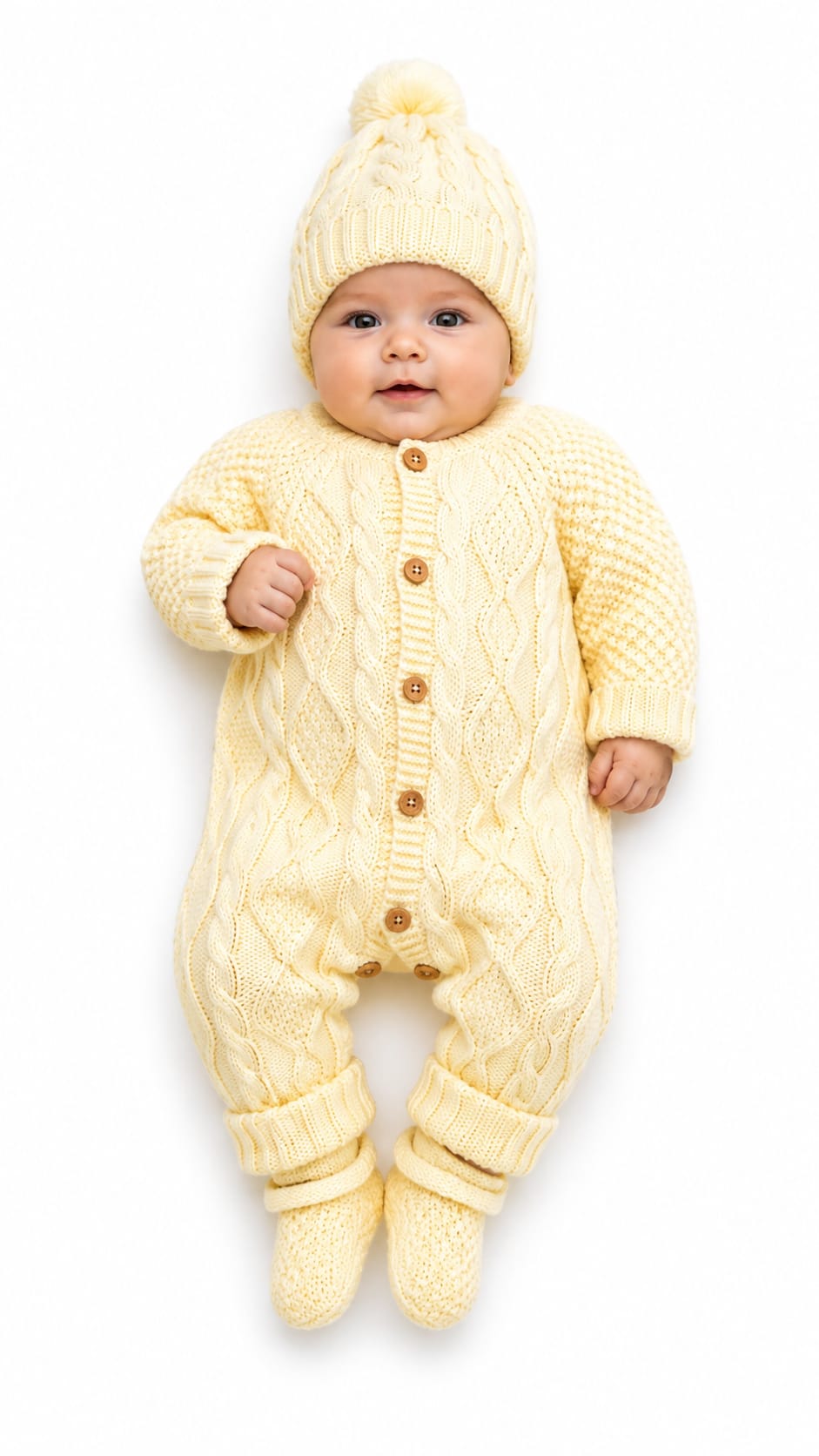 Macacão de Bebé com Gorro e Carapins – Outono/Inverno Bebé com fato de malha amarelo claro e gorro com pompom