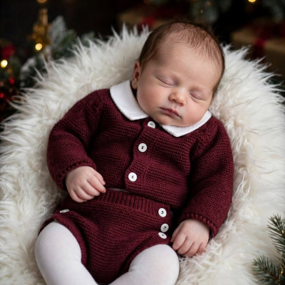 Bebé a dormir com roupa de malha vermelha e patuá, em manta branca, com árvore de Natal ao fundo.