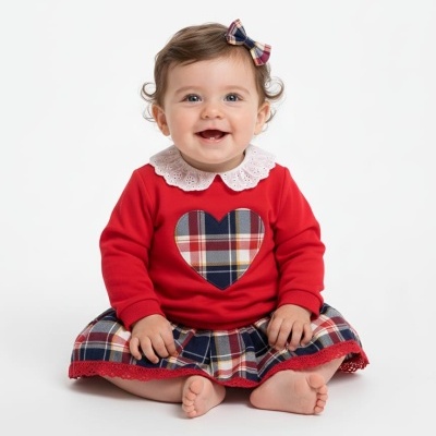 Bebé com vestido vermelho e colarinho branco de renda sentada