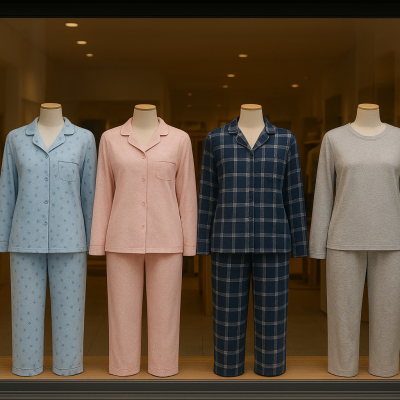Quatro pijamas de algodão em vitrine, azul claro com estampa, rosa, xadrez azul escuro e creme liso.