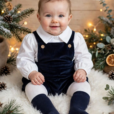 Bebé com roupa de veludo azul e camisa branca sentado em tapete branco com decoração natalícia