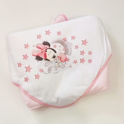 Manta branca e rosa para bebé com desenho da Minnie e estrelas cor-de-rosa