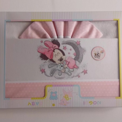 Jogo de cama infantil com desenho da Minnie a dormir e padrão rosa com bolinhas