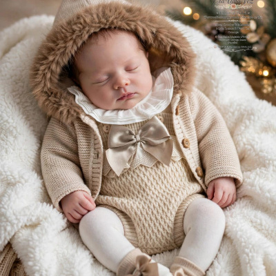 Bebé vestido com roupa creme e casaco com capuz castanho, deitado em manta branca fofa