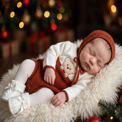 Bebé adormecido com roupa de malha castanha e creme numa manta felpuda branca com ornamentos natalícios