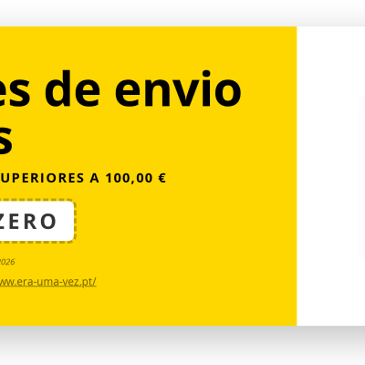 Cupão amarelo e branco com oferta de portes grátis para encomendas acima de 100 euros