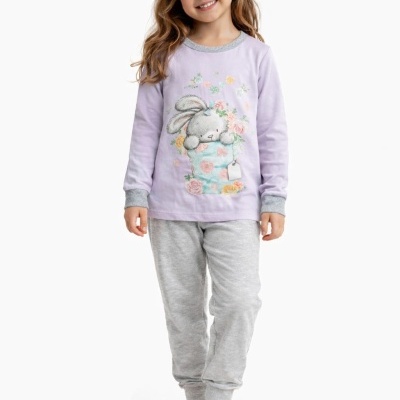 Pijama infantil lilás com estampado de coelho e calças cinza