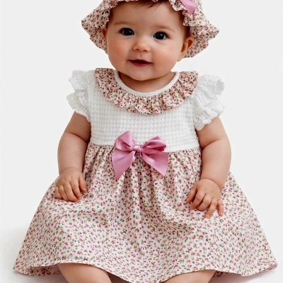 Bebé com vestido branco com padrão floral e laço rosa e chapéu com padrão floral e laço rosa