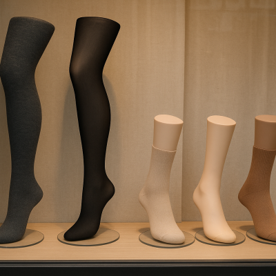 Manequins expostos com meias e collants em tons neutros num fundo neutro