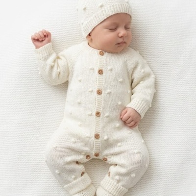 Bebé vestido com fato e gorro de malha brancos com pompons a dormir sobre manta branca