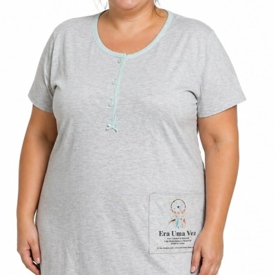 Camisola de dormir feminina cinza clara com bolso e botões